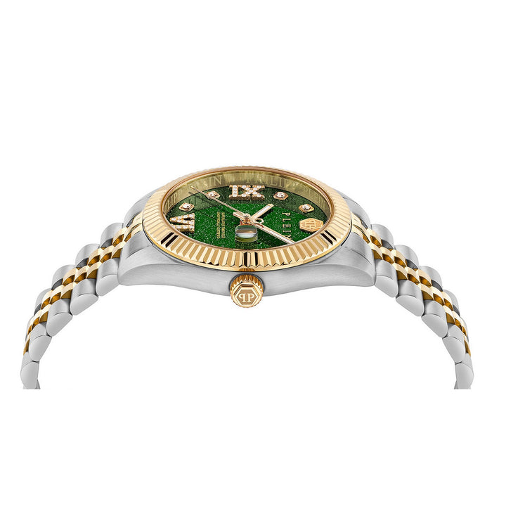 A two-tone stainless steel and gold Rolex Datejust watch with a green dial, shown from a side profile view against a white background.