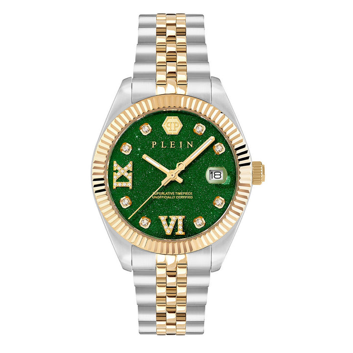 A two-tone Rolex-style wristwatch with a green dial, gold-tone Roman numeral hour markers, a fluted gold-tone bezel, and a silver-and-gold-tone link bracelet, shown on a plain white background.