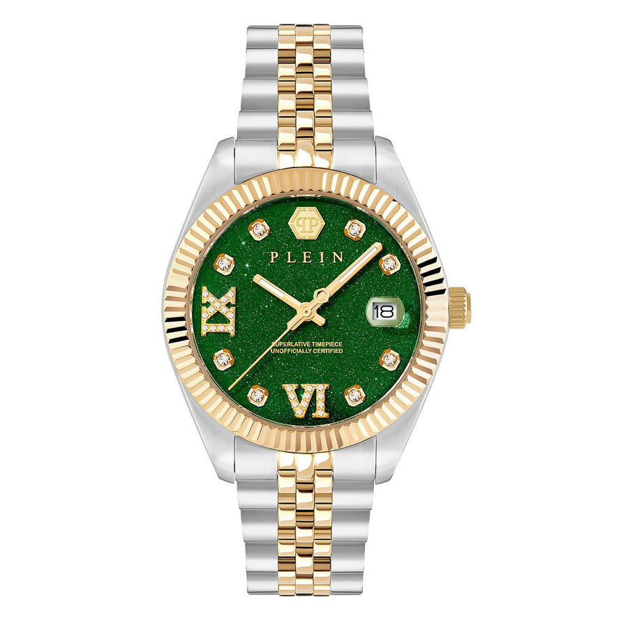 Philipp Plein Womens Date Superlative Green Dial SS & Yellow Gold Tone Recycled Stainless Steel Watch PWYFA1626