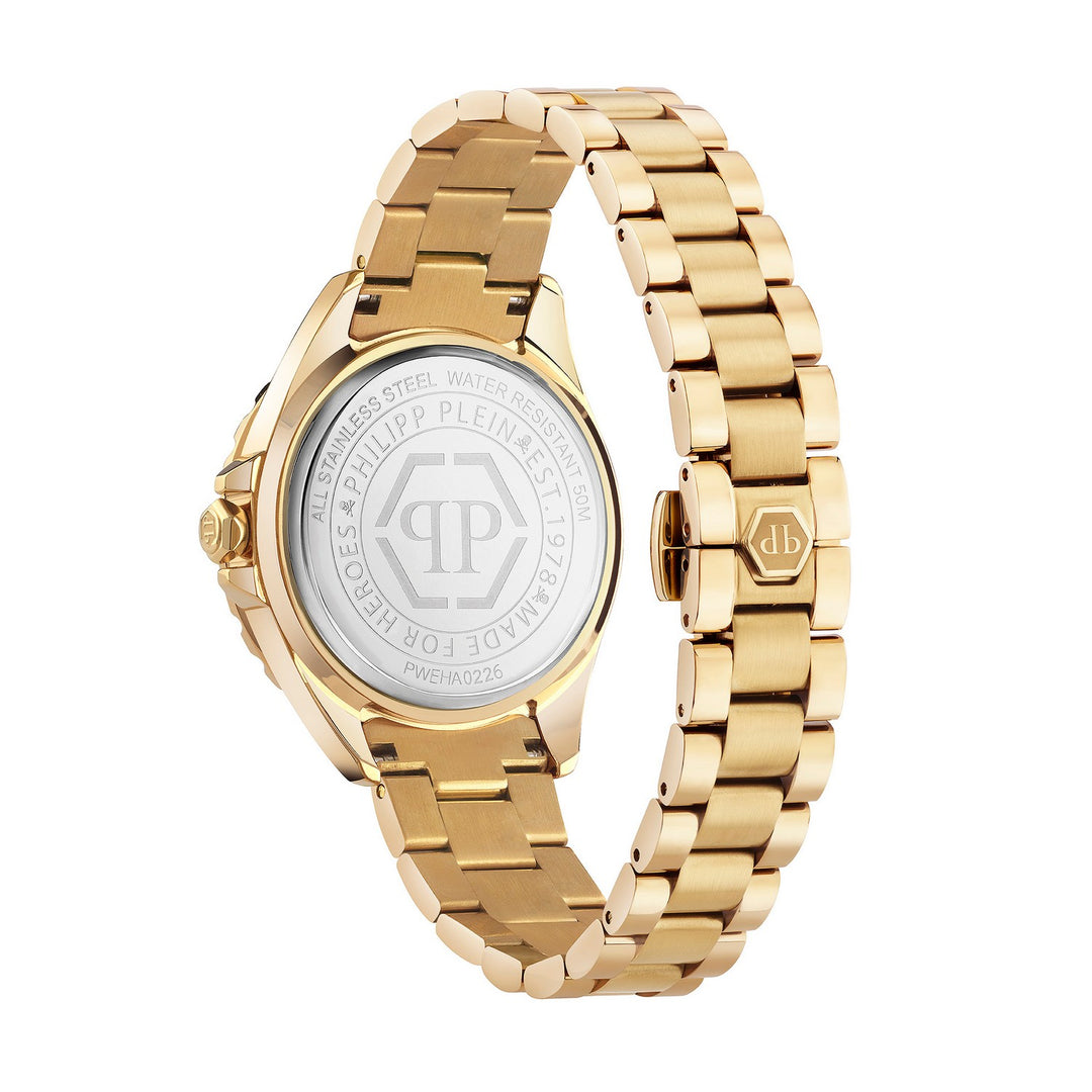 Gold-tone stainless steel watch band with a round case, shown from the back on a clean white background. The back of the case features a clear crystal cover with engraved text and a central 'TP' monogram logo, and the clasp has a matching gold 'TP' emblem.