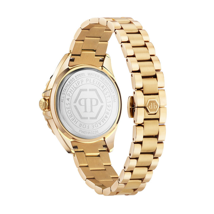 Gold-tone stainless steel watch band with a round case, shown from the back on a clean white background. The back of the case features a clear crystal cover with engraved text and a central 'TP' monogram logo, and the clasp has a matching gold 'TP' emblem.