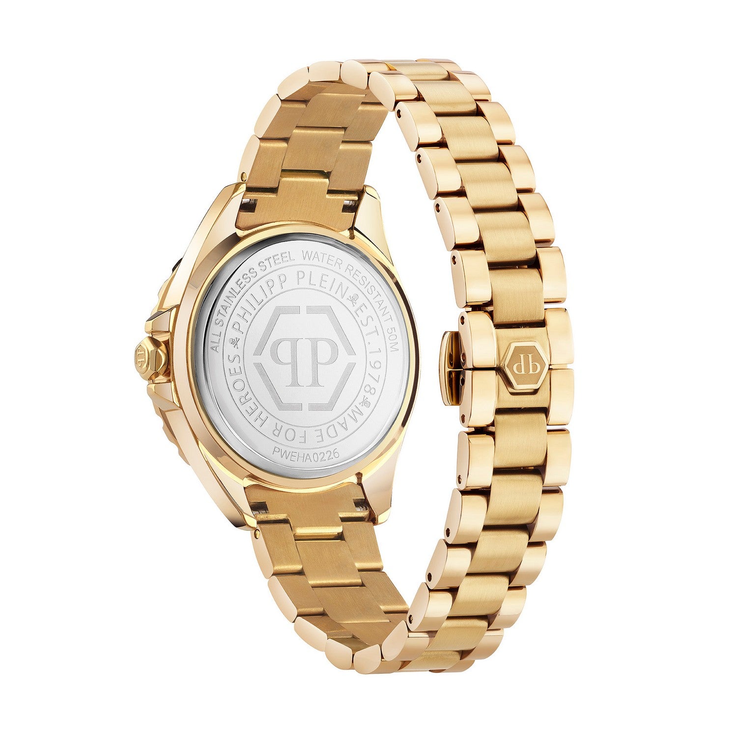 Gold-tone stainless steel watch band with a round case, shown from the back on a clean white background. The back of the case features a clear crystal cover with engraved text and a central 'TP' monogram logo, and the clasp has a matching gold 'TP' emblem.