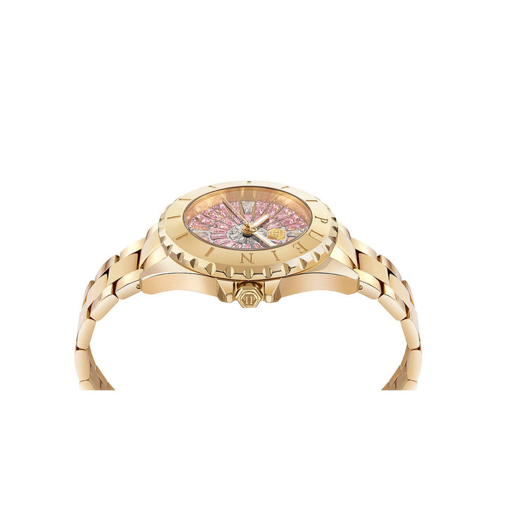 A gold-tone stainless steel watch with a textured bezel, a multi-color floral-patterned dial, and a matching gold-tone link bracelet, shown from a side profile view on a white background.