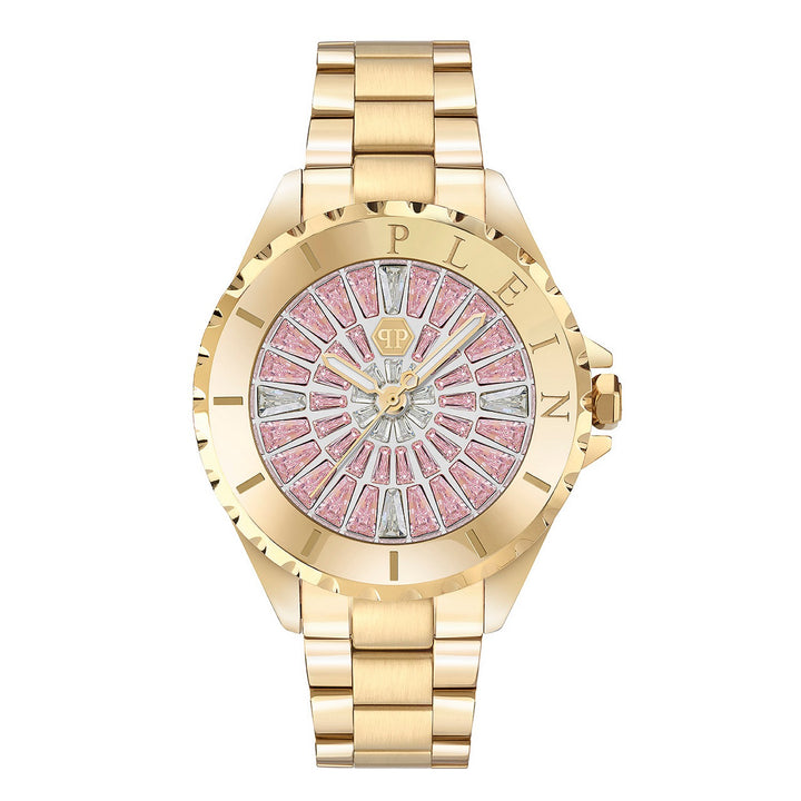 A gold-tone stainless steel wristwatch with a pink and silver sunburst-patterned dial, featuring a matching gold-tone link bracelet and a bezel engraved with the brand name 'PLEIN'.