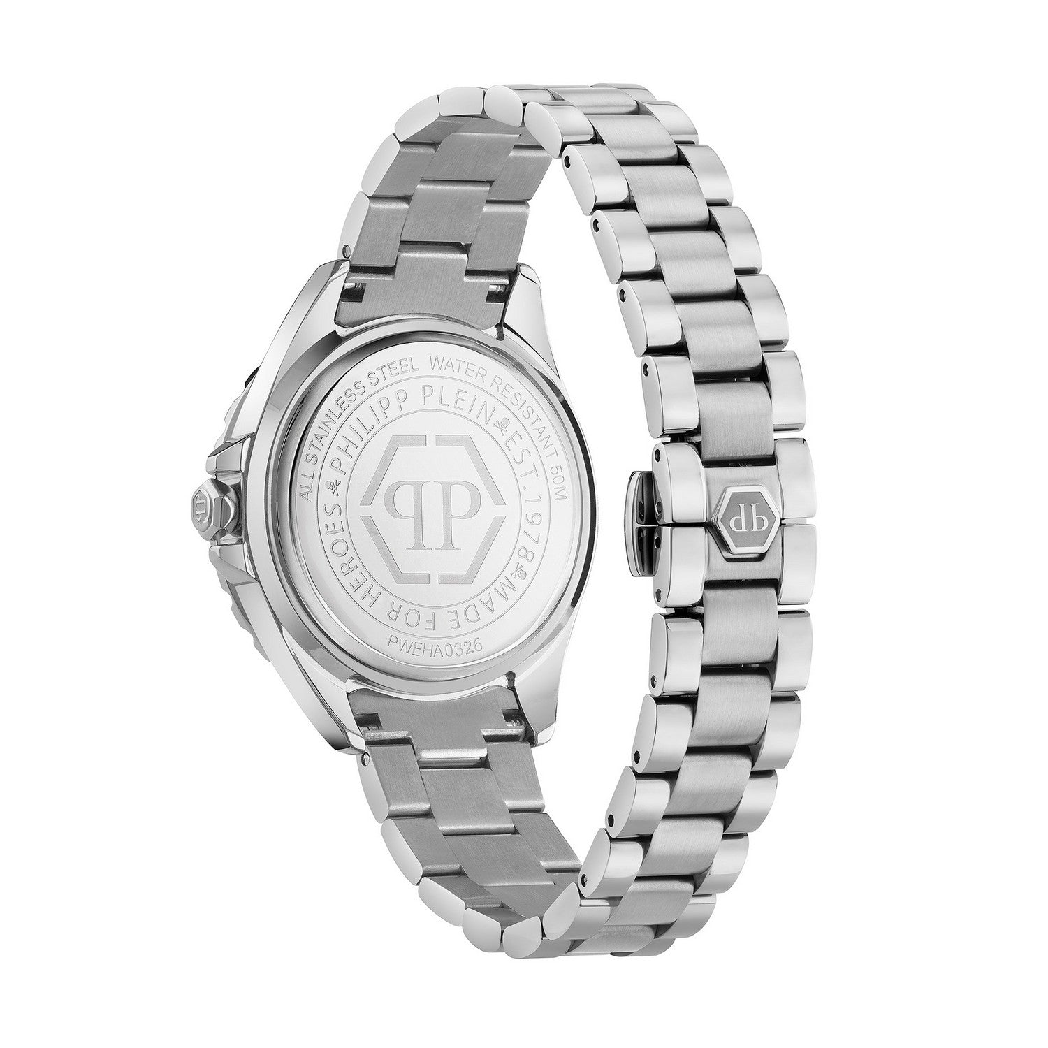 A silver stainless steel watch with a metal link bracelet, shown from the back to display the engraved case details and clasp, on a solid white background.