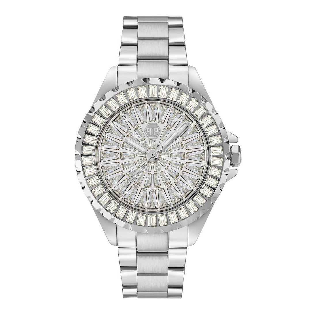 A silver-tone stainless steel watch with a round bezel lined with clear rectangular crystals, a matching crystal-embellished dial, and a linked metal bracelet, shown on a plain white background.