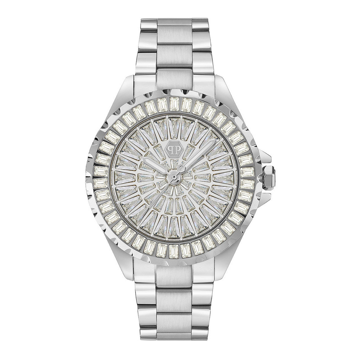 A silver-tone stainless steel watch with a round bezel lined with clear rectangular crystals, a matching crystal-embellished dial, and a linked metal bracelet, shown on a plain white background.