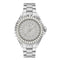A silver-tone stainless steel watch with a round bezel lined with clear rectangular crystals, a matching crystal-embellished dial, and a linked metal bracelet, shown on a plain white background.