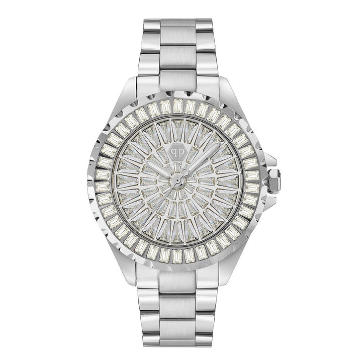 A silver-tone stainless steel watch with a round bezel lined with clear rectangular crystals, a matching crystal-embellished dial, and a linked metal bracelet, shown on a plain white background.