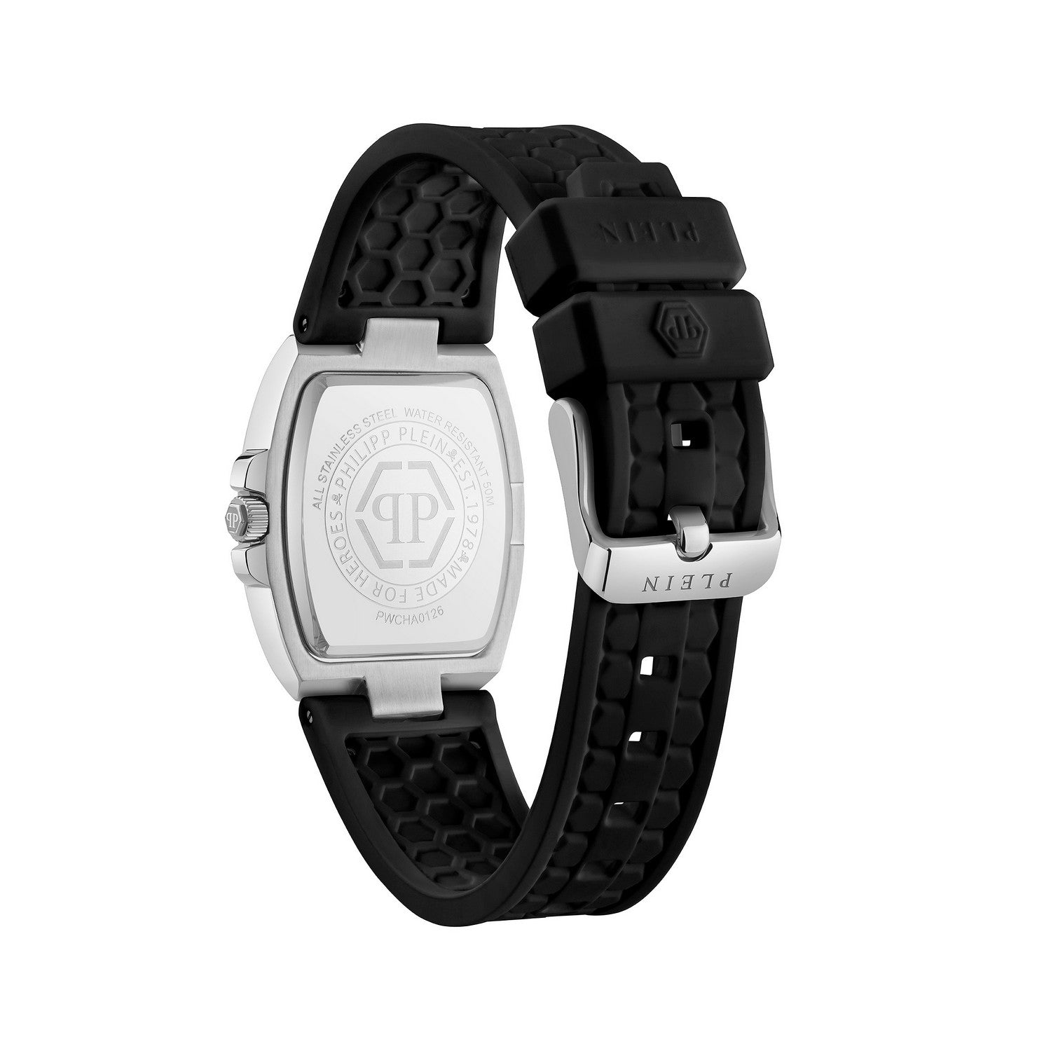 A close-up of a Pilzlein watch showing the back of the silver-tone case and its black textured silicone strap with a silver buckle.