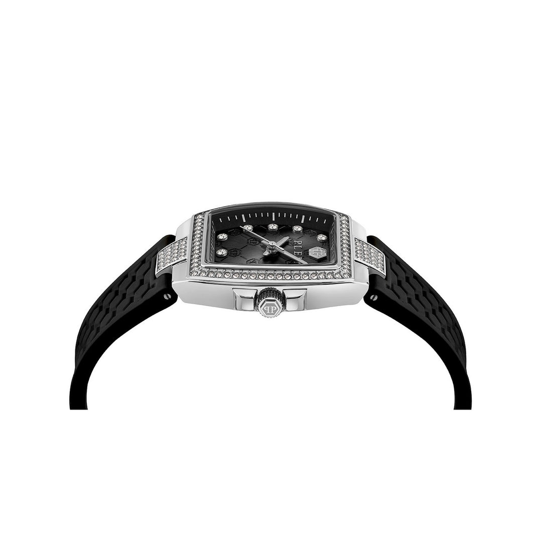 A luxury watch with a rectangular silver-tone case, a black dial, and a black textured strap, shown from a side profile view on a white background.