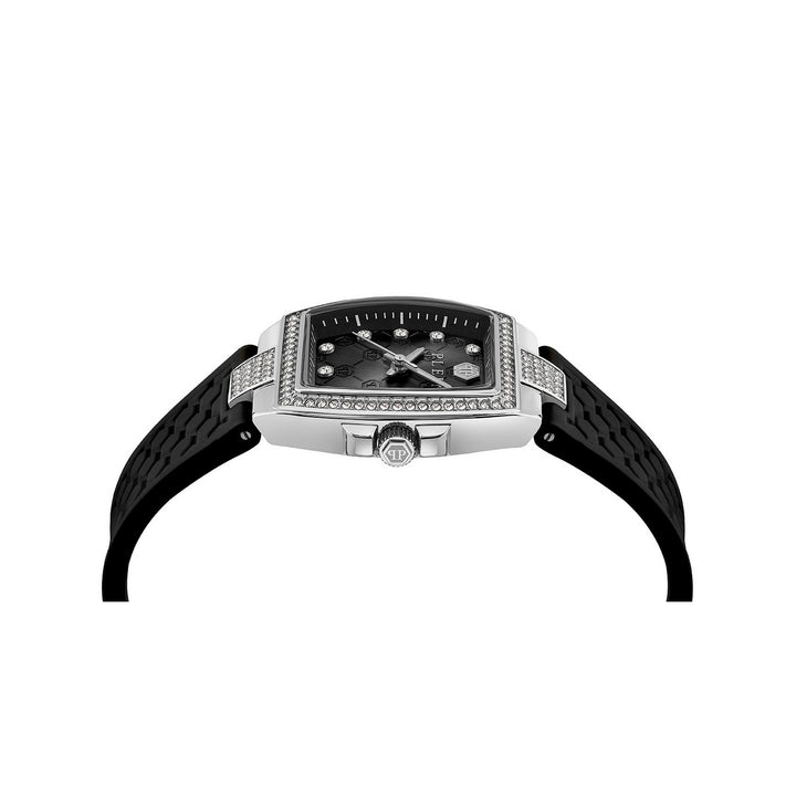 A luxury watch with a rectangular silver-tone case, a black dial, and a black textured strap, shown from a side profile view on a white background.