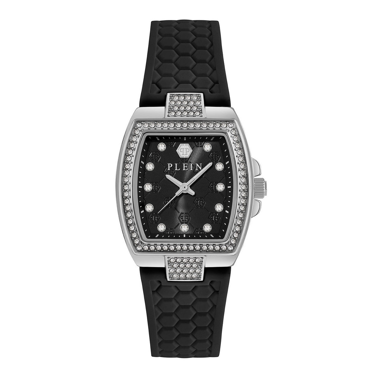 Plein watch with a black textured strap, black dial, and silver-tone case accented with clear crystals, shown on a white background.