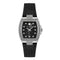 Plein watch with a black textured strap, black dial, and silver-tone case accented with clear crystals, shown on a white background.