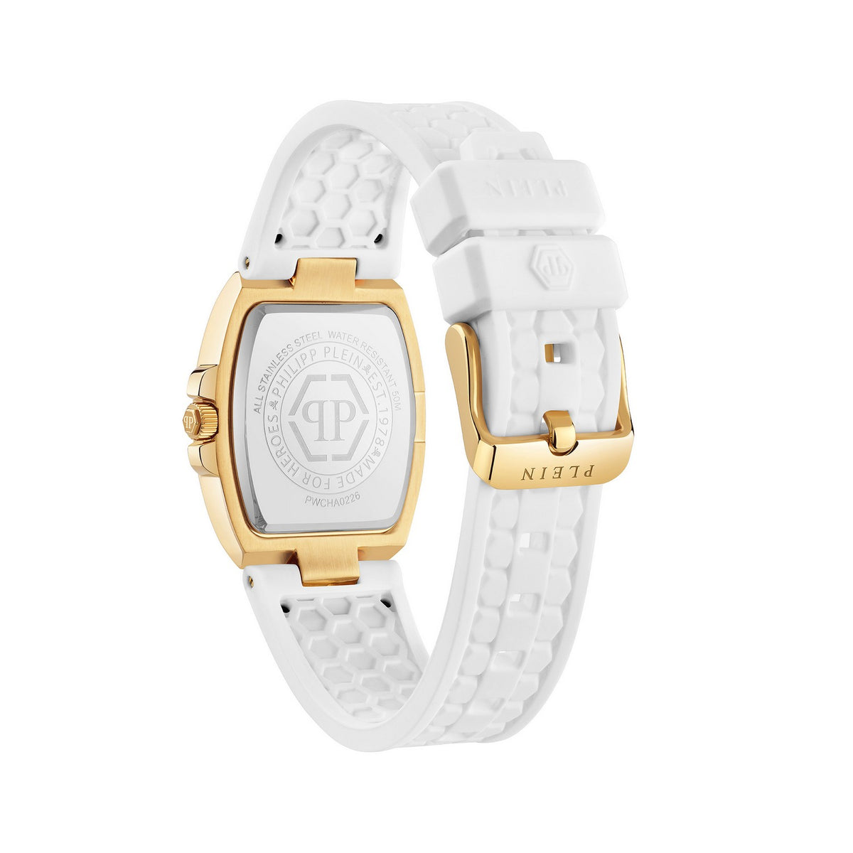 A close-up of a Pilgrim's Prayer watch showing the back of the gold-tone case and the white textured silicone strap with 'PLEIN' branding.