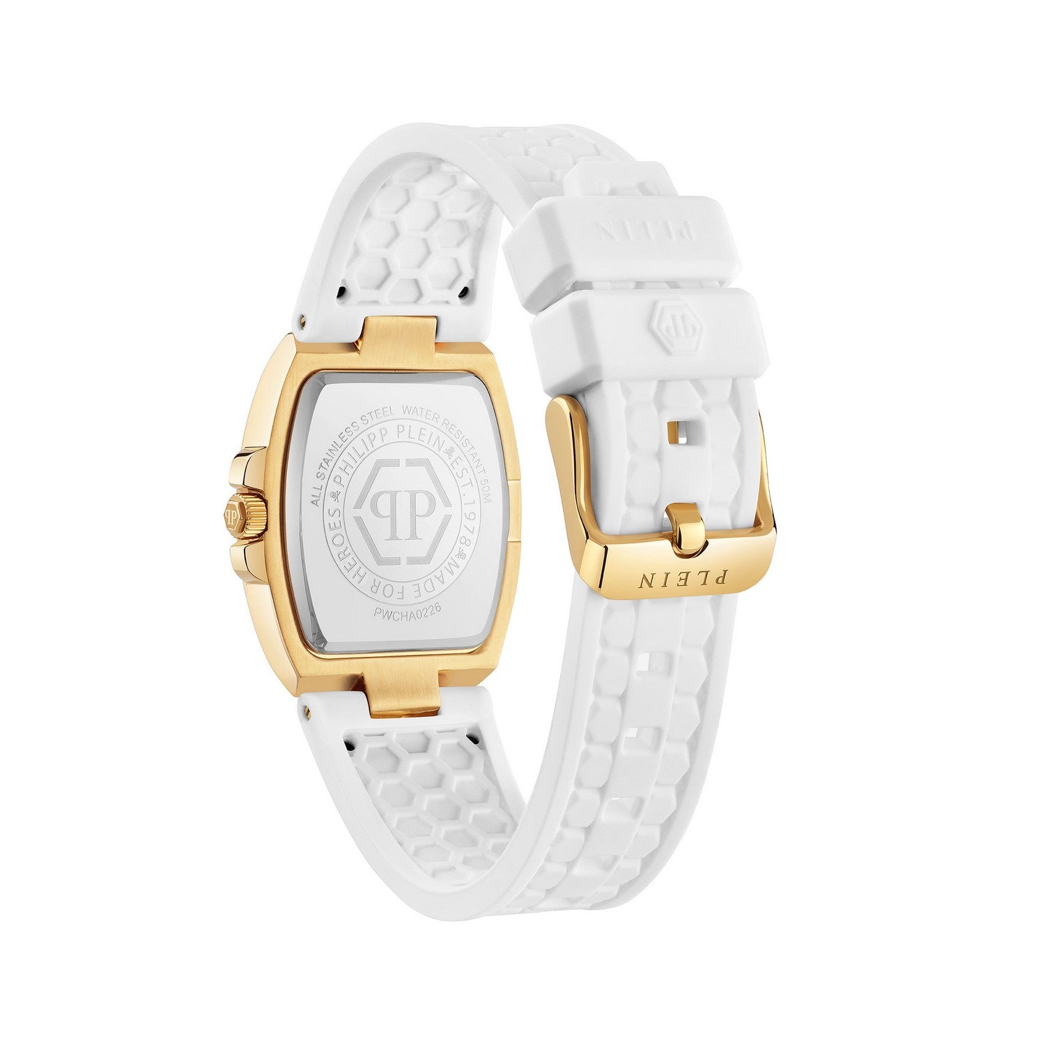 A close-up of a Pilgrim's Prayer watch showing the back of the gold-tone case and the white textured silicone strap with 'PLEIN' branding.