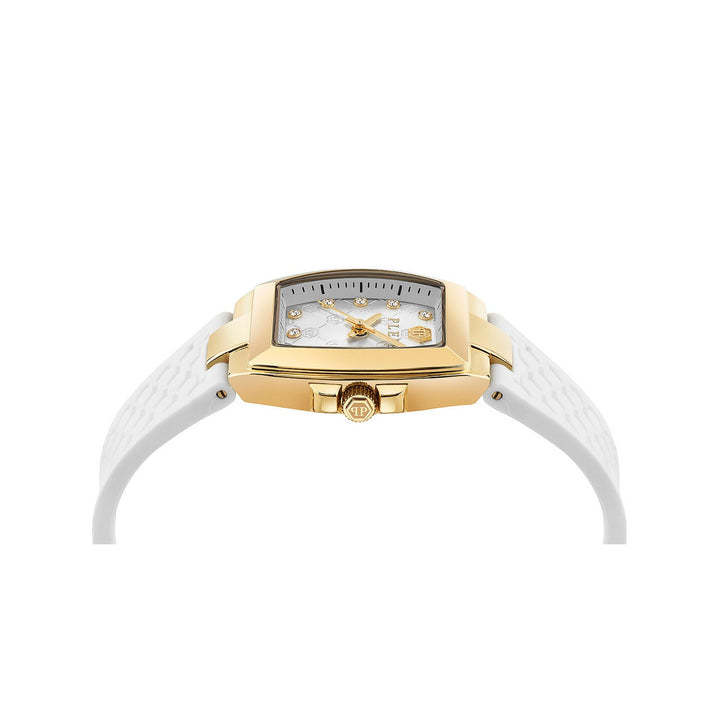 A women's rectangular analog watch with a gold-tone case, white textured strap, and a white dial featuring gold hands and crystal accents.