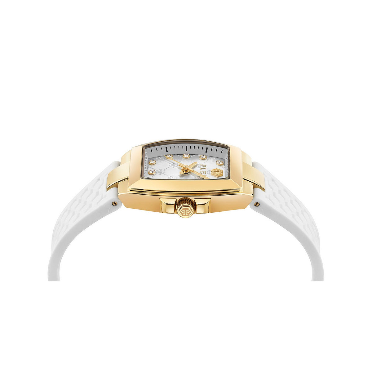 A women's rectangular analog watch with a gold-tone case, white textured strap, and a white dial featuring gold hands and crystal accents.