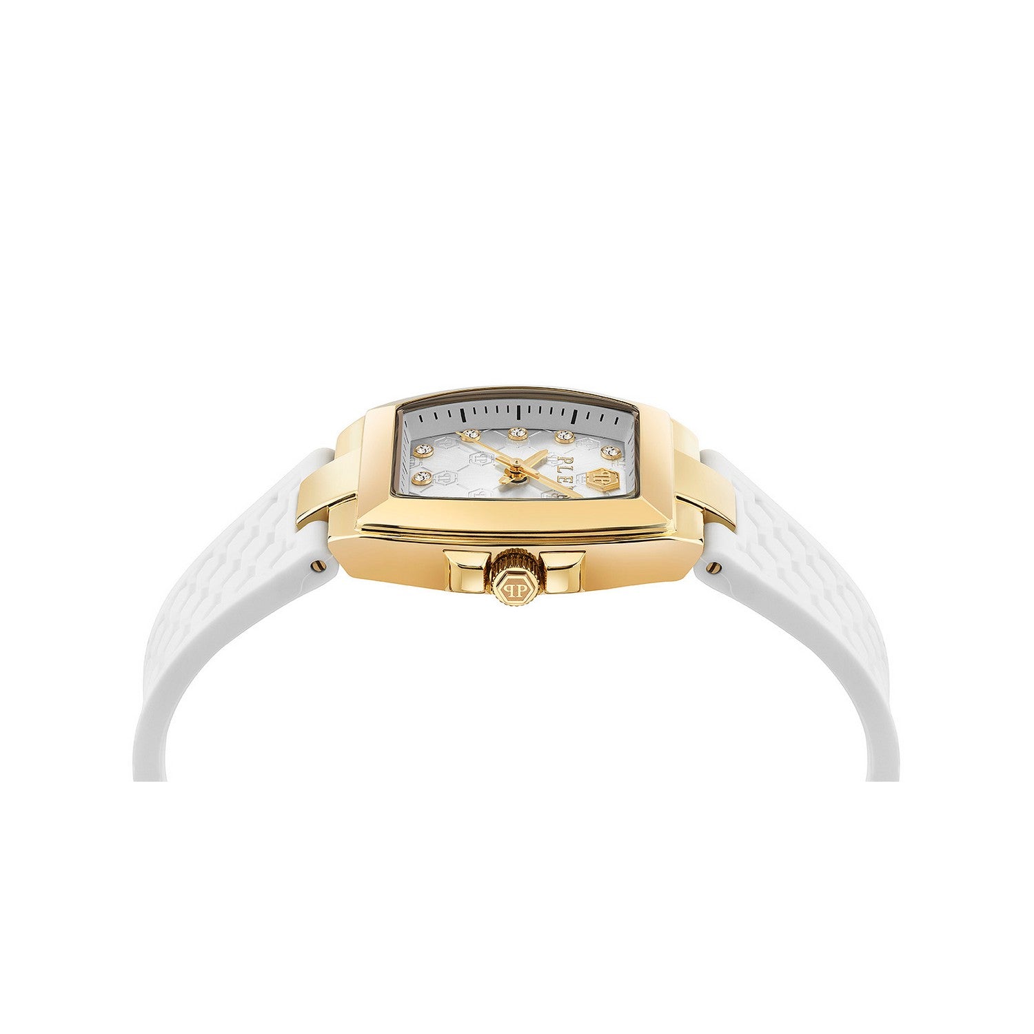 A women's rectangular analog watch with a gold-tone case, white textured strap, and a white dial featuring gold hands and crystal accents.