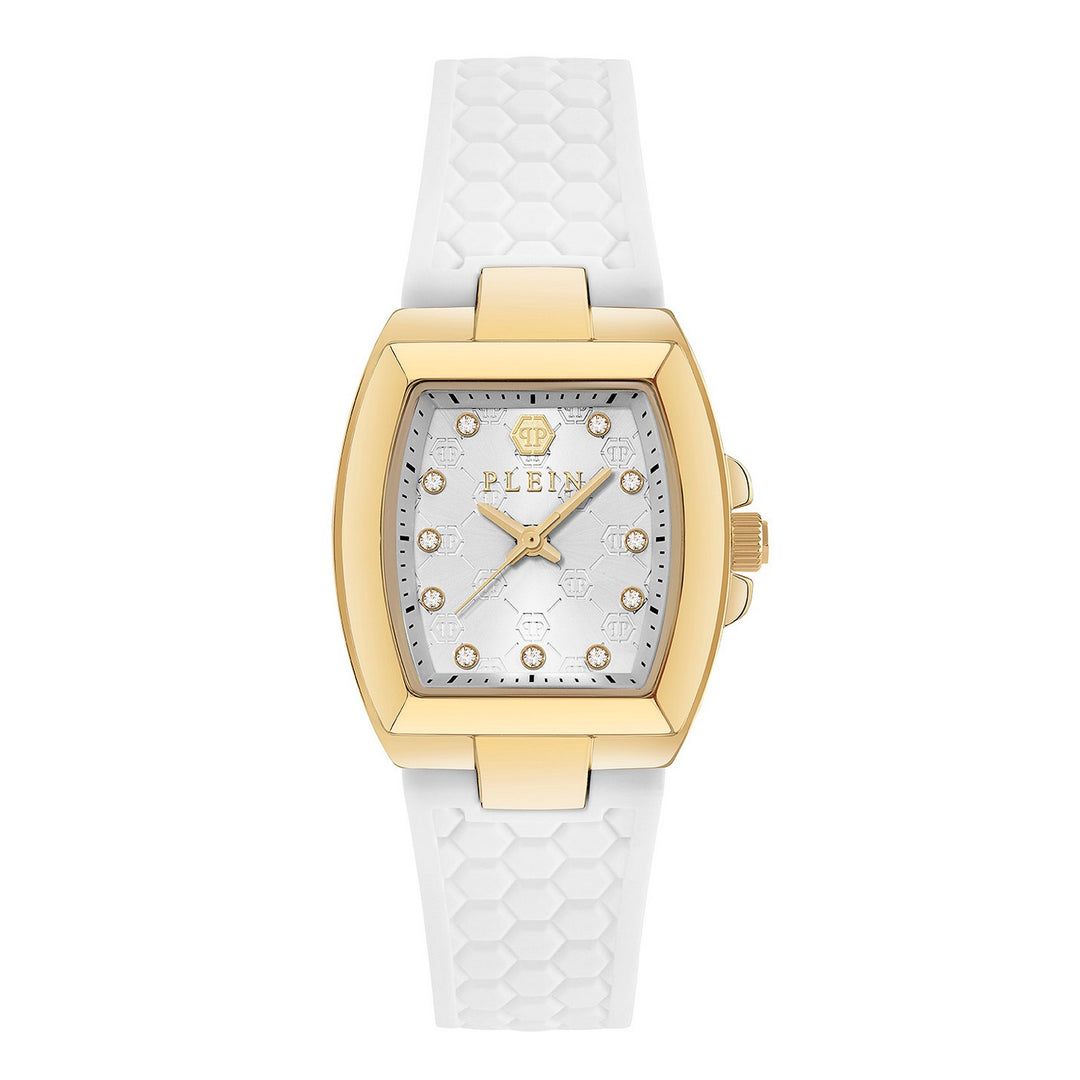 A women's Plein watch featuring a gold-tone rectangular case, a white dial with crystal hour markers, and a white silicone strap with a honeycomb pattern, shown against a plain white background.