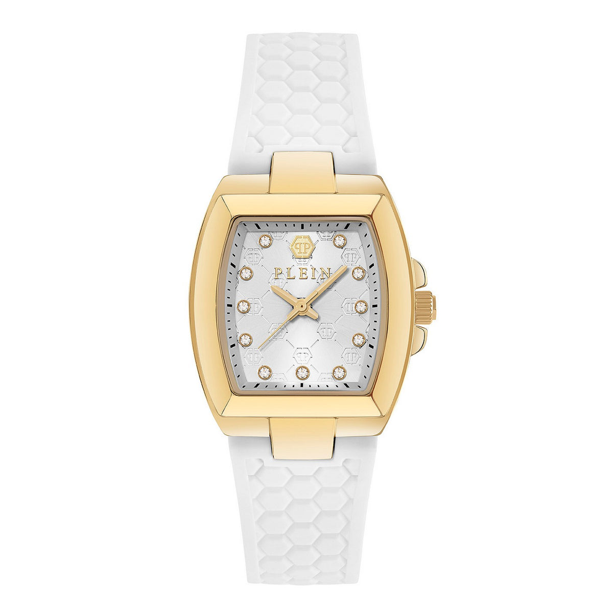 A women's Plein watch featuring a gold-tone rectangular case, a white dial with crystal hour markers, and a white silicone strap with a honeycomb pattern, shown against a plain white background.