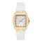 A women's Plein watch featuring a gold-tone rectangular case, a white dial with crystal hour markers, and a white silicone strap with a honeycomb pattern, shown against a plain white background.