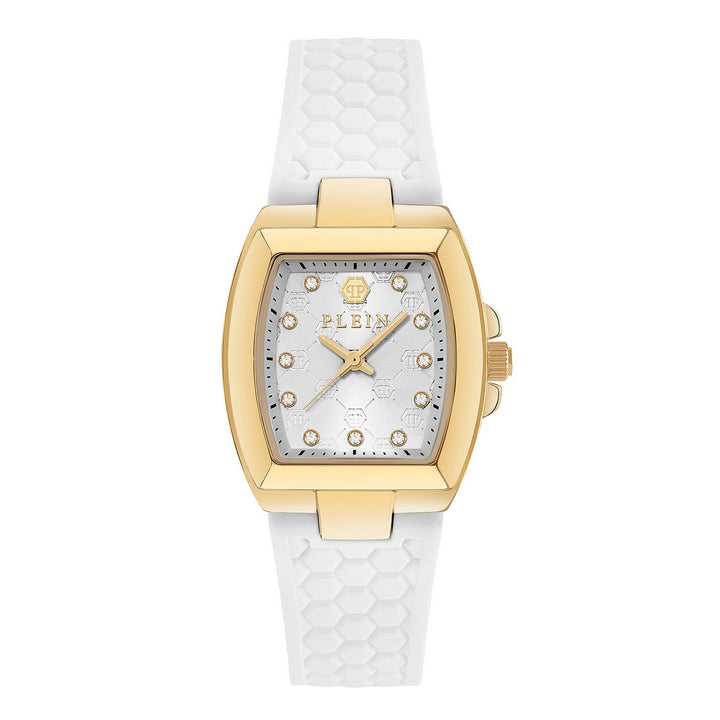 A women's Plein watch featuring a gold-tone rectangular case, a white dial with crystal hour markers, and a white silicone strap with a honeycomb pattern, shown against a plain white background.