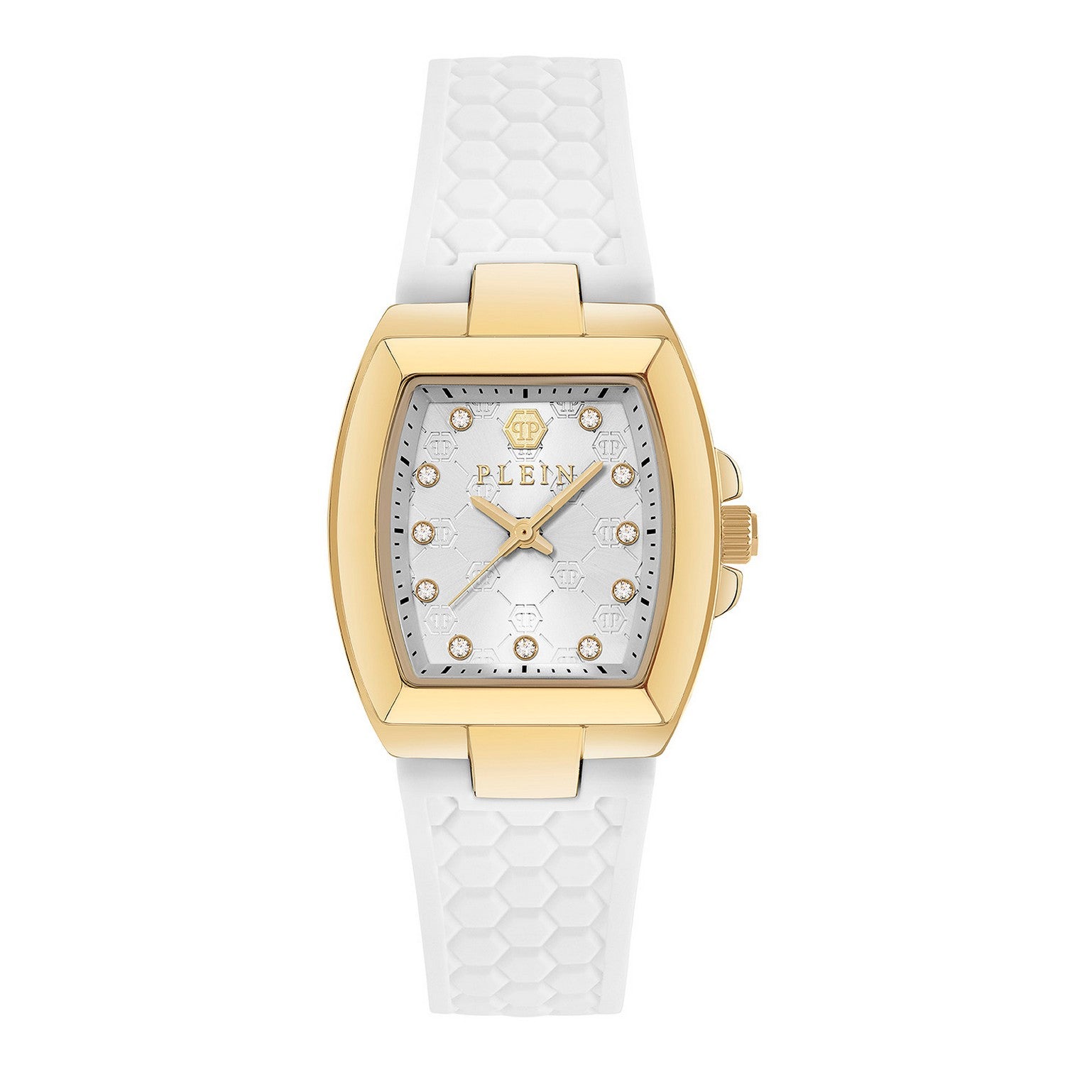 A women's Plein watch featuring a gold-tone rectangular case, a white dial with crystal hour markers, and a white silicone strap with a honeycomb pattern, shown against a plain white background.