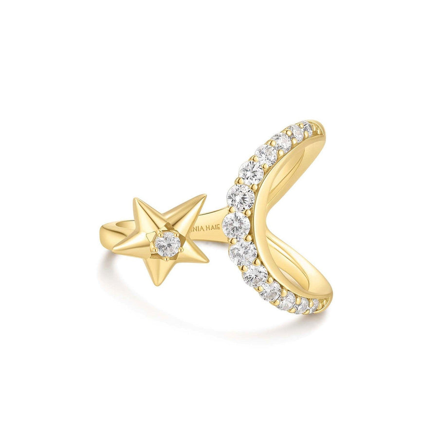 Gold Sparkling Moon and Star Adjustable Ring R066-05G