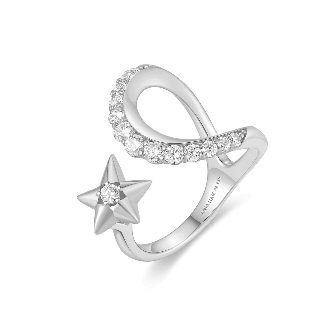 Silver Sparkling Moon and Star Adjustable Ring R066-05H