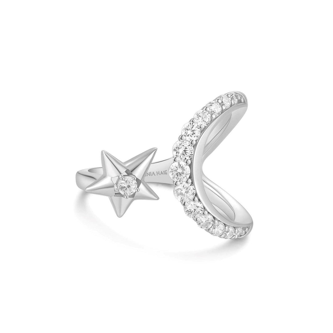 Silver Sparkling Moon and Star Adjustable Ring R066-05H