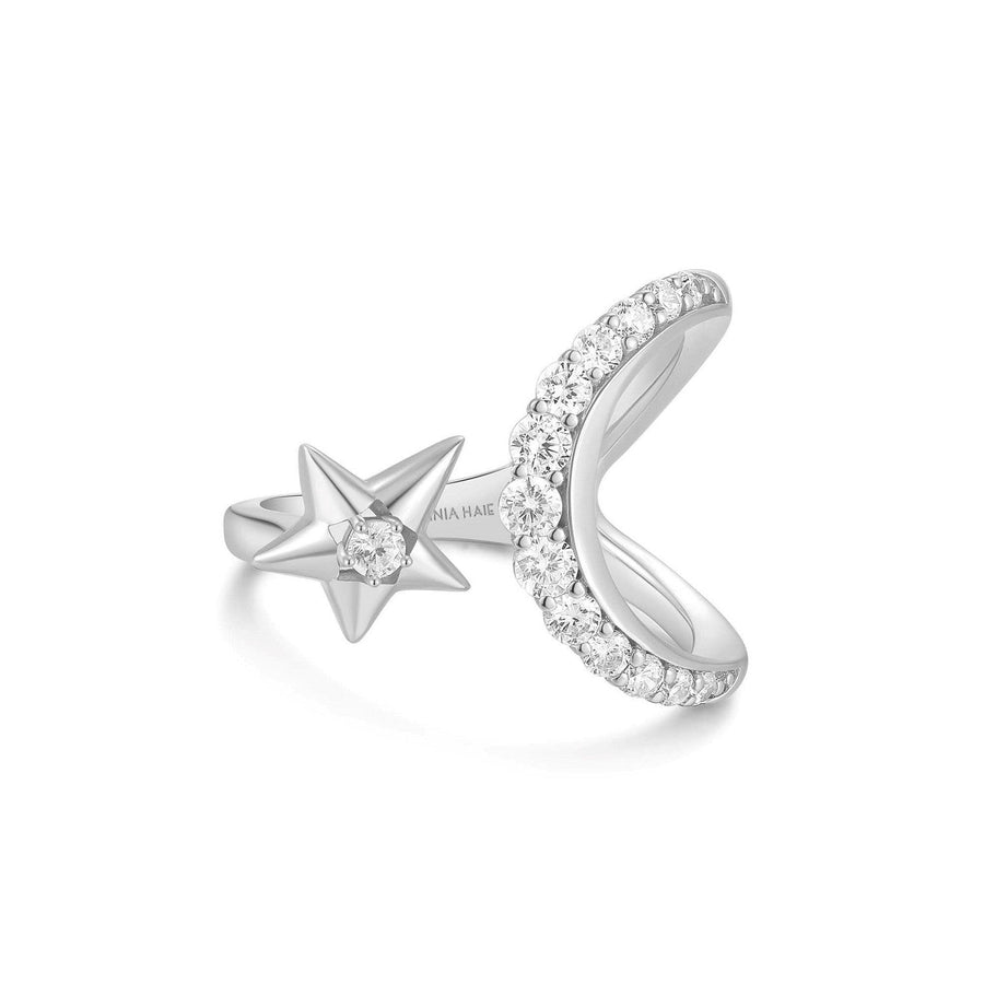 Silver Sparkling Moon and Star Adjustable Ring R066-05H