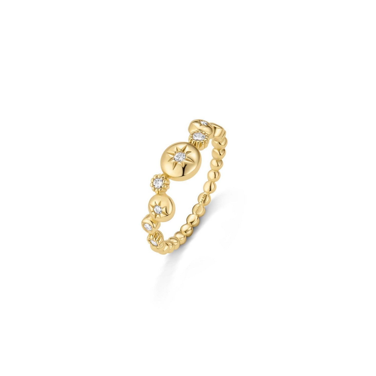 Gold ring with star-shaped beads on a white background