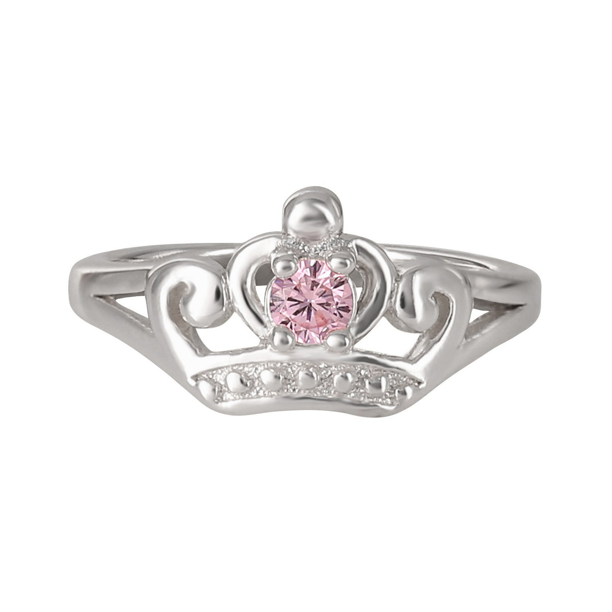 Silver tiara-shaped ring with a pink gemstone on a white background