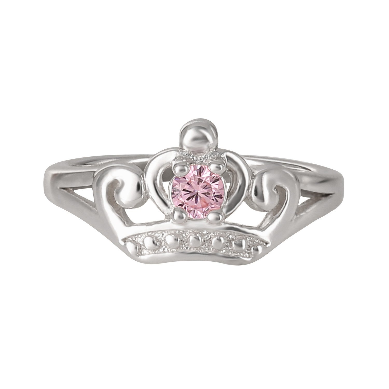 Silver tiara-shaped ring with a pink gemstone on a white background