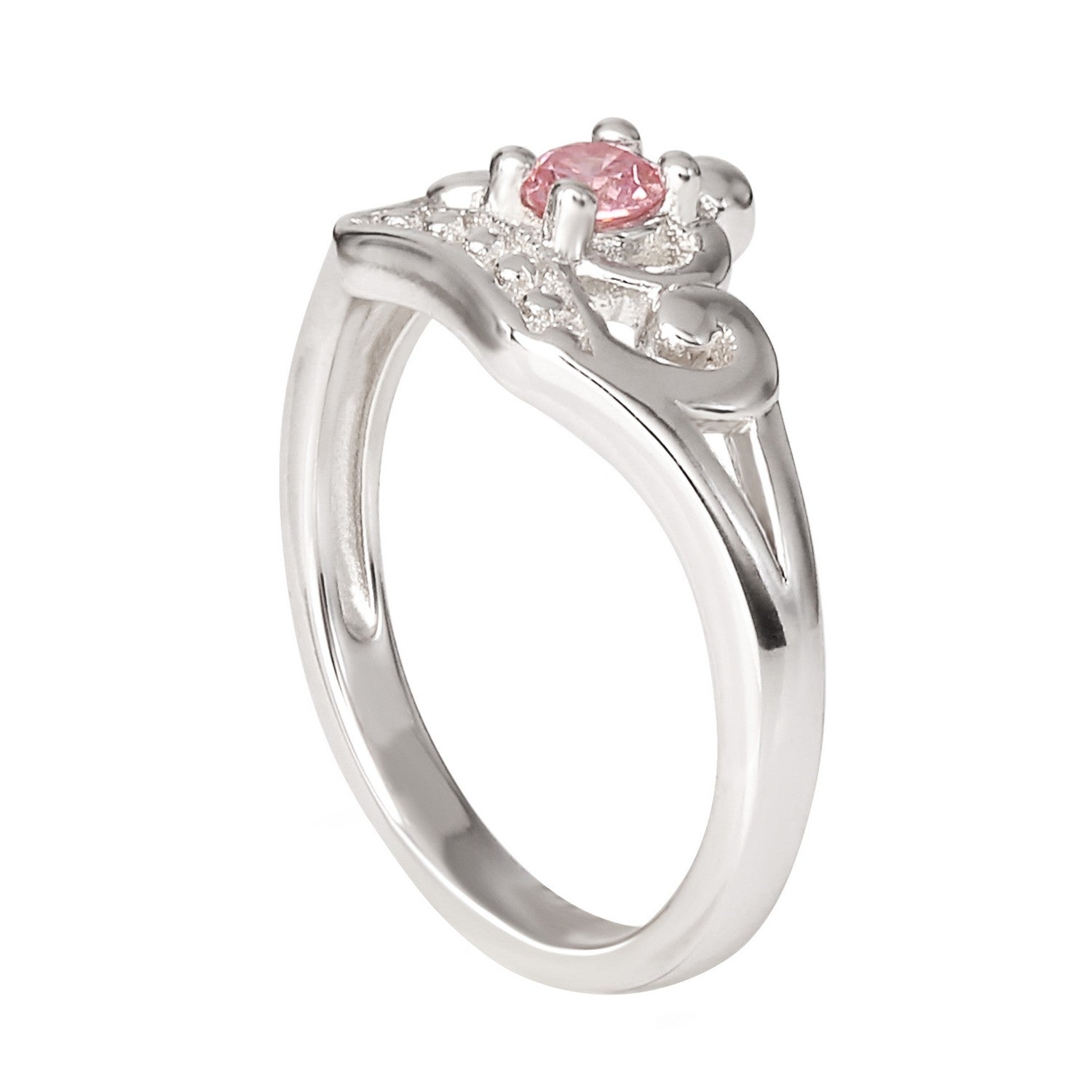 Silver tiara-shaped ring with a pink gemstone on a white background
