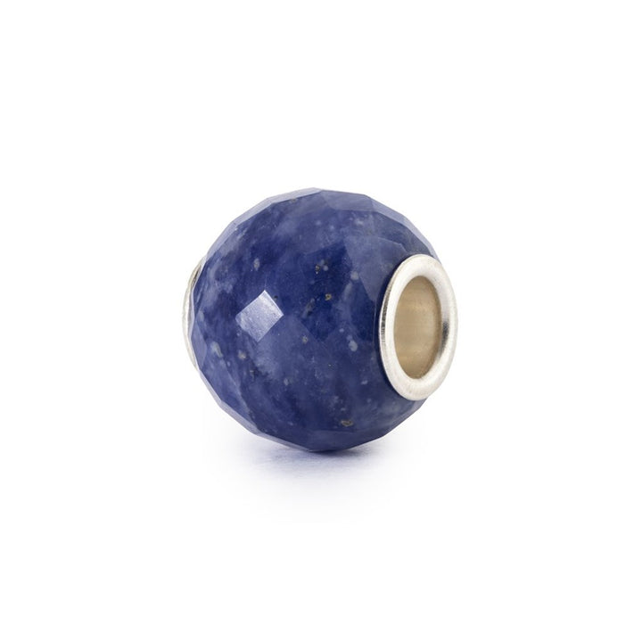 Blue bead with silver accent on a white background