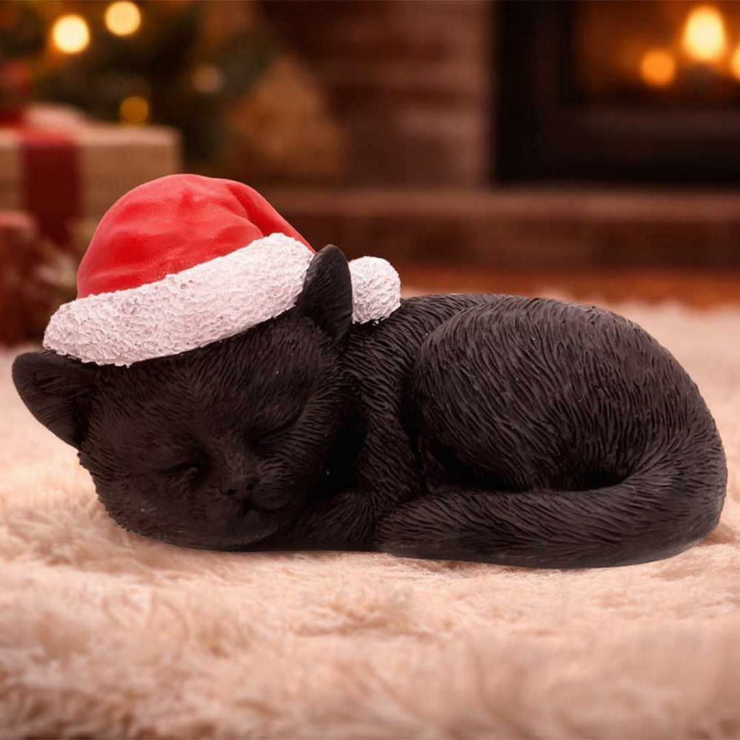 Sleeping Black Cat in Santa Hat 9.5cm S7676B26