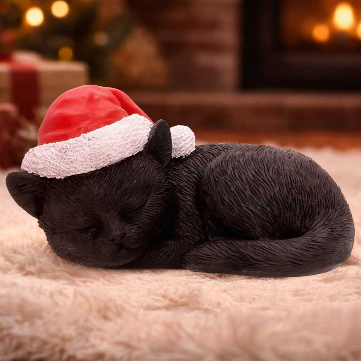Sleeping Black Cat in Santa Hat 9.5cm S7676B26