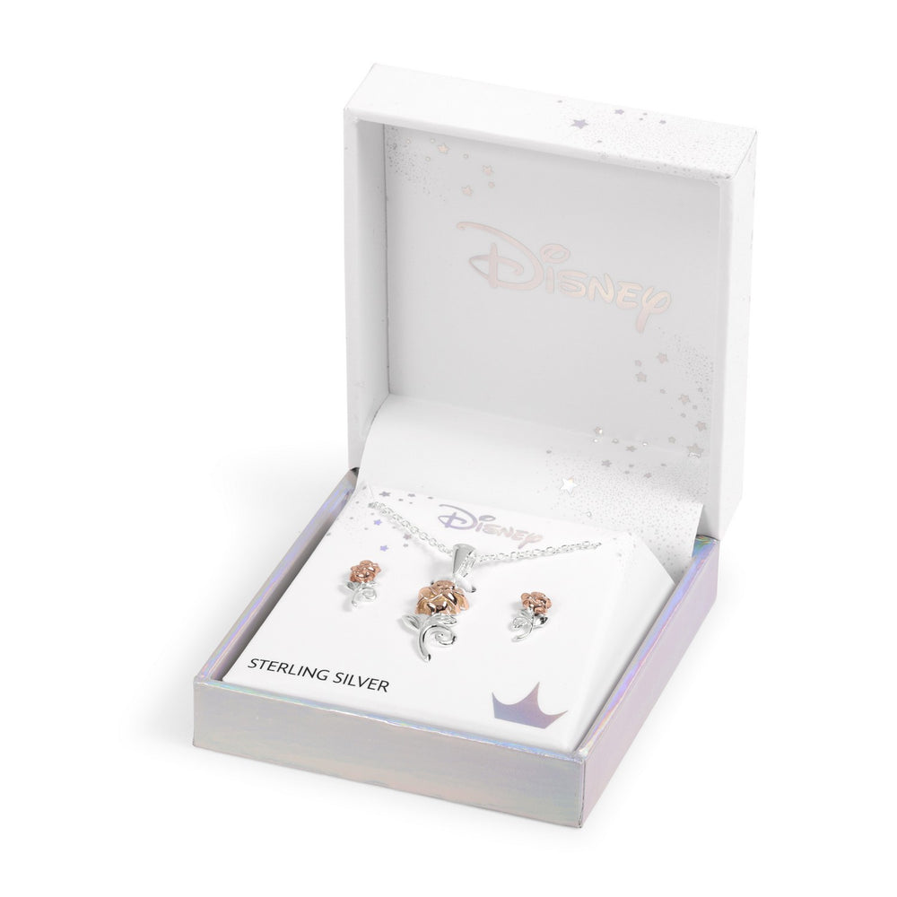Silver 15"+2" Ext Beauty And The Beast Rose Pendant & Stud Earrings Set S901030UL.PH