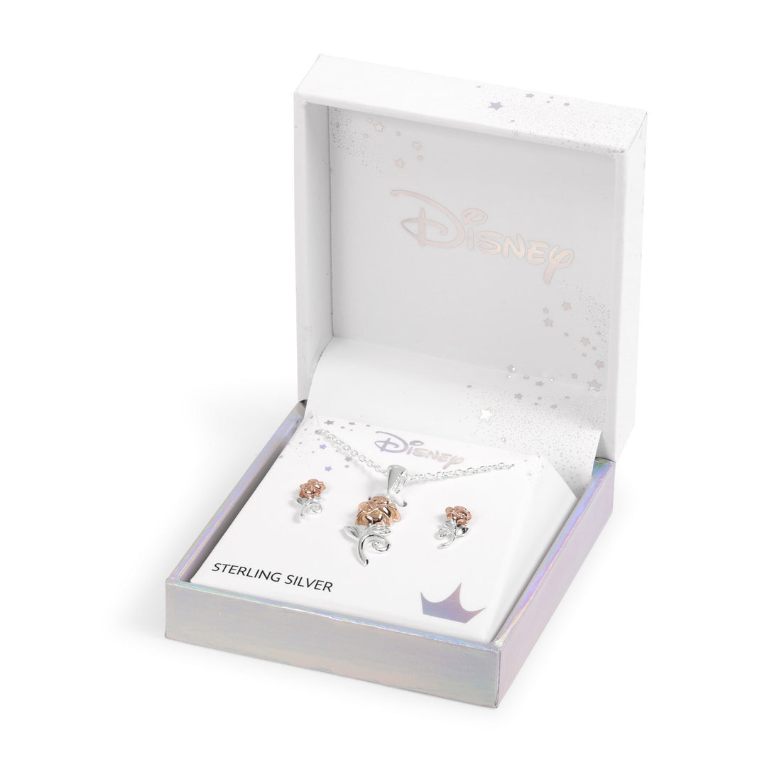 Silver 15"+2" Ext Beauty And The Beast Rose Pendant & Stud Earrings Set S901030UL.PH