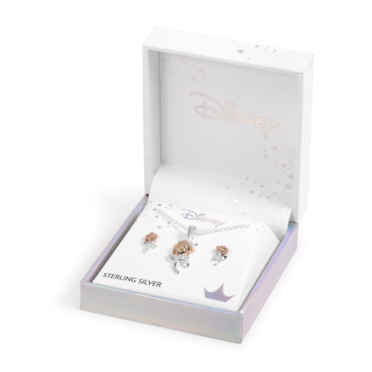 Jewelry set in a white box with 'Sterling Silver' text on a white background
