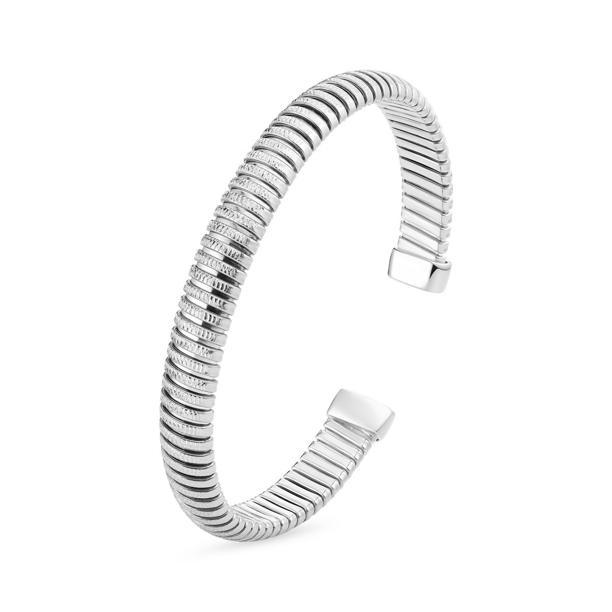 Silver bracelet with a textured design on a white background