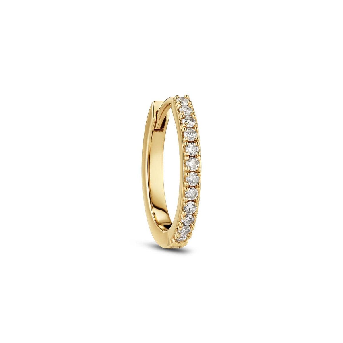 14k Yellow Gold Alba Medio Single Diamond Earring SJ-E2511-WD-YG-1 elegantly displayed, showcasing a polished surface and sparkling 0.12 ct round brilliant cut lab-grown diamond, emphasizing luxury and sophistication in a single earring design.