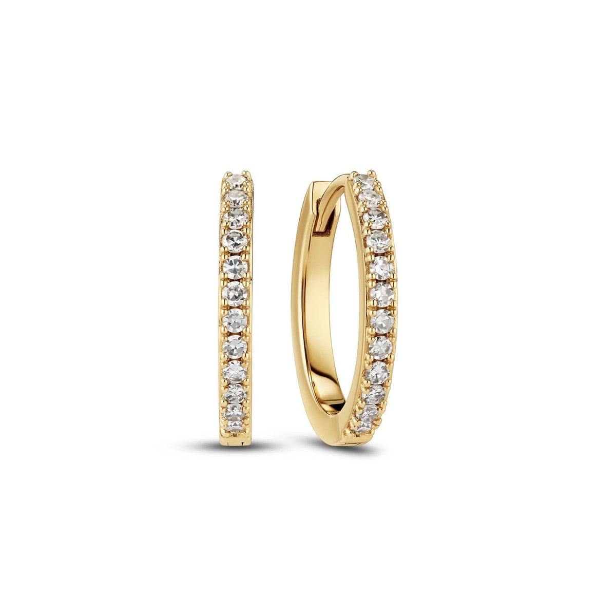 Side view of the 14k Yellow Gold Alba Medio Single Diamond Earring SJ-E2511-WD-YG-1 featuring an exquisite arrangement of diamonds, accentuating its refined design as a stunning luxury earring.
