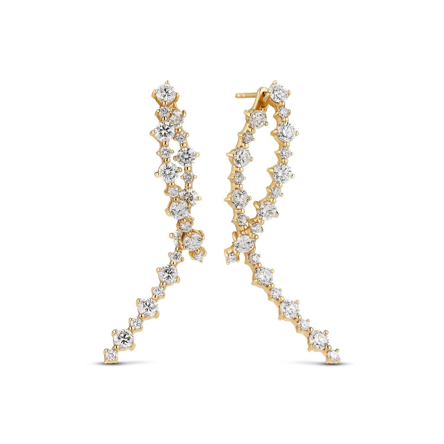 14k Yellow Gold Brina Lungo Diamond Earrings SJ-E2539-WD-YG elegantly displayed, showcasing their intricate design and luxurious 2.43 carats of lab-grown diamonds. Perfect for adding a touch of sophistication to any outfit.