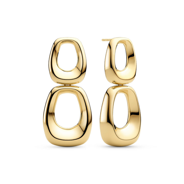 Pair of gold hoop earrings on a white background