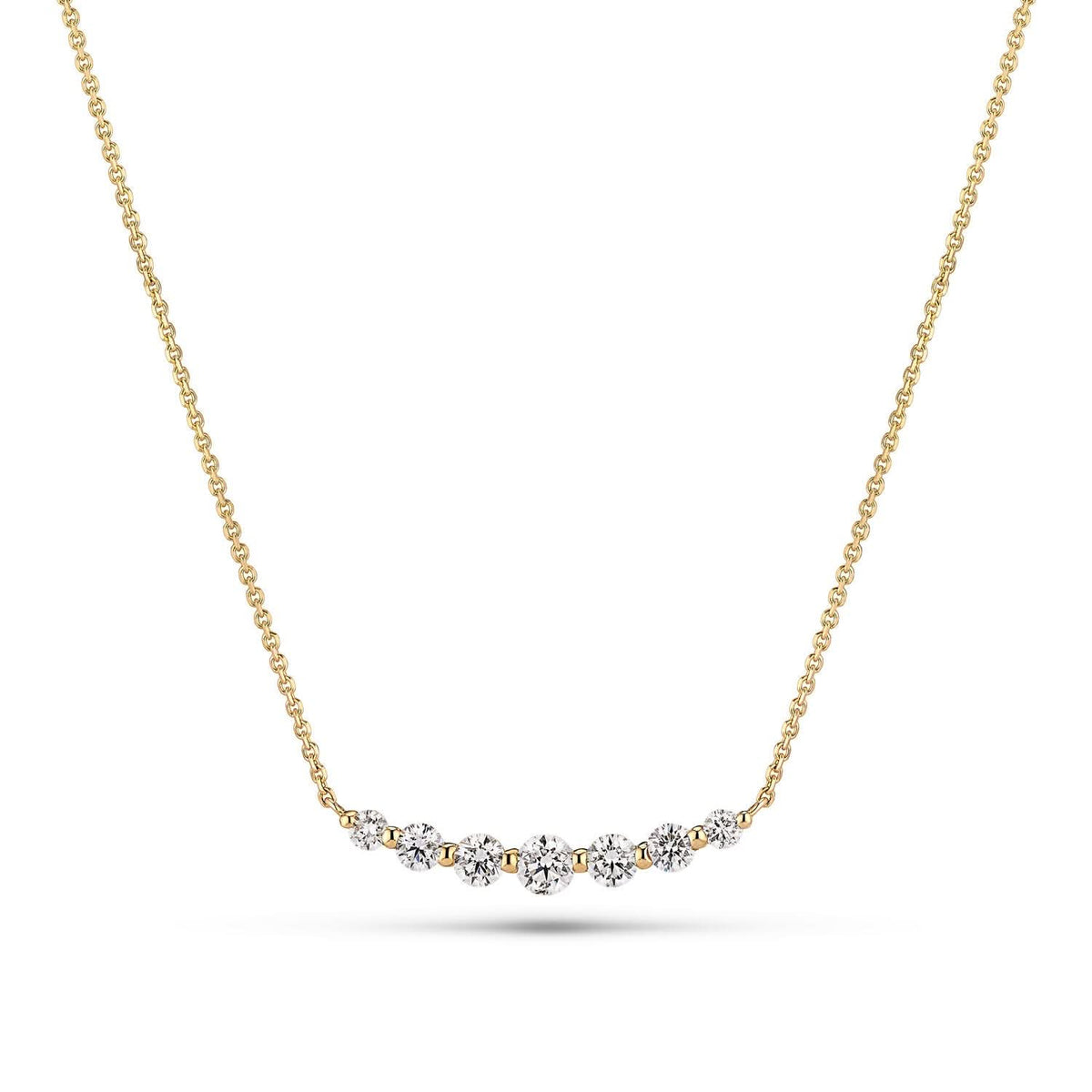 14k Yellow Gold Tiara Grande Diamond Necklace SJ-N2519-WD-YG displayed elegantly, featuring a polished surface adorned with 0.46 ct round brilliant cut lab-grown diamonds, showcasing luxury and sophistication.