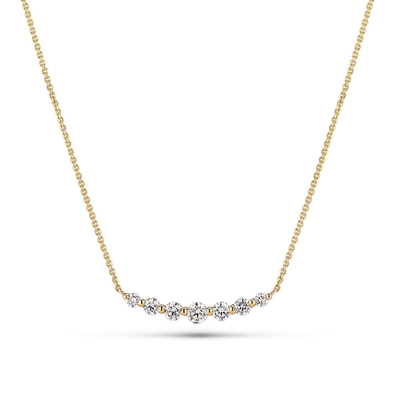 14k Yellow Gold Tiara Grande Diamond Necklace SJ-N2519-WD-YG displayed elegantly, featuring a polished surface adorned with 0.46 ct round brilliant cut lab-grown diamonds, showcasing luxury and sophistication.