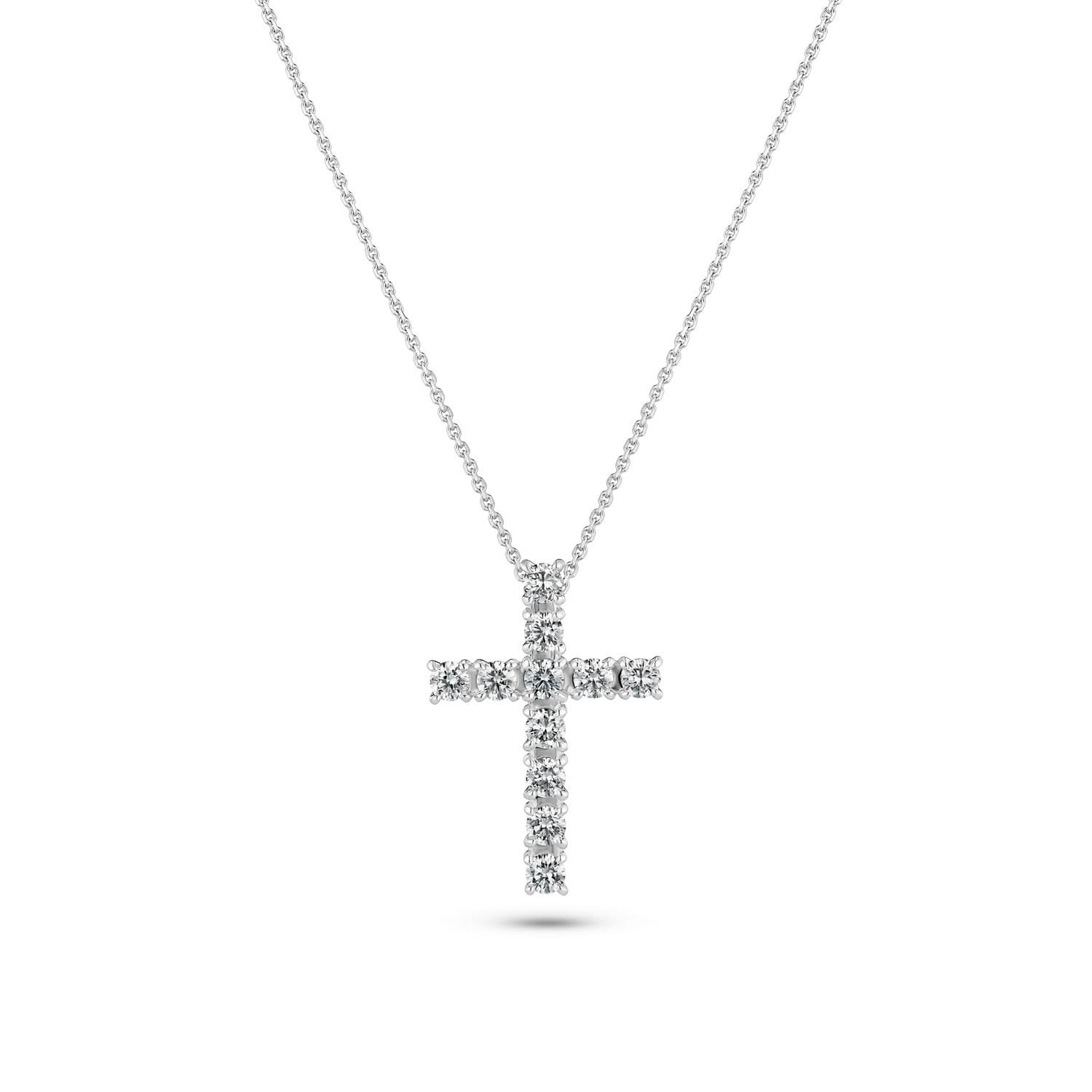 Elegant 14k White Gold Alba Croce Diamond Necklace SJ-N2570-WD-WG featuring round brilliant cut lab-grown diamonds, showcasing its stunning design in a luxury setting.